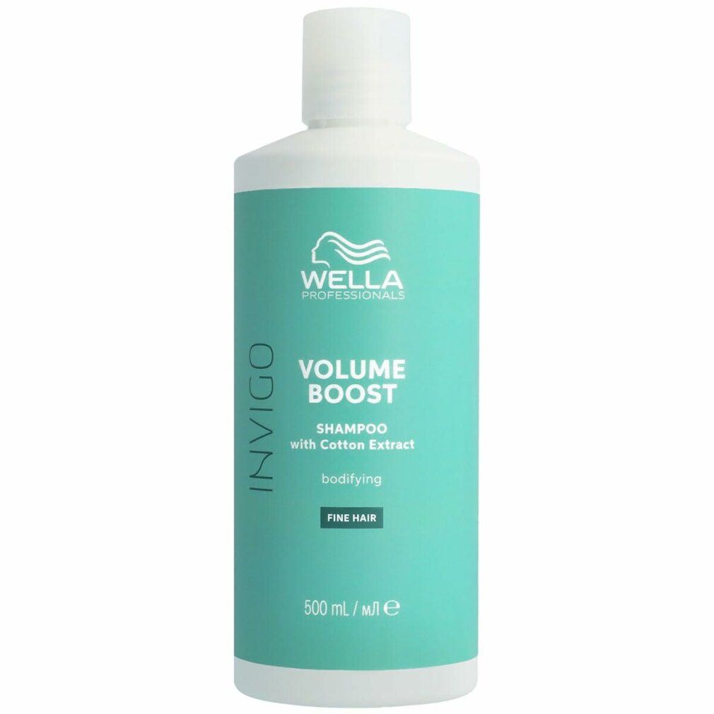Shampoo fles met witte dop. Opschrift: Wella Professionals, Volume Boost, Shampoo with Cotton Extract, bodifying, Fine Hair.