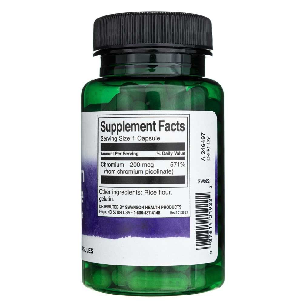 Achterkant van de fles Swanson Chromium Picolinate met voedingsfeiten.