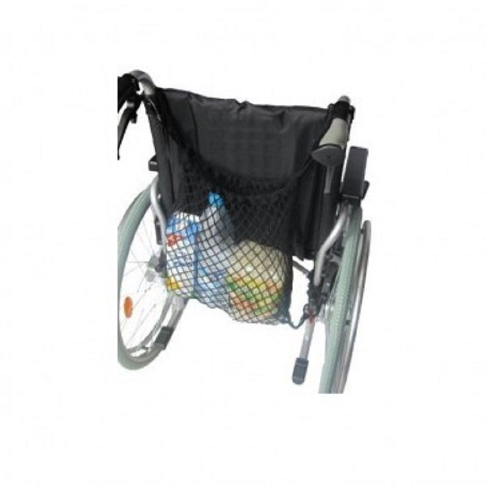 Zwarte nettas bevestigd aan een rollator. De tas is gevuld met boodschappen.