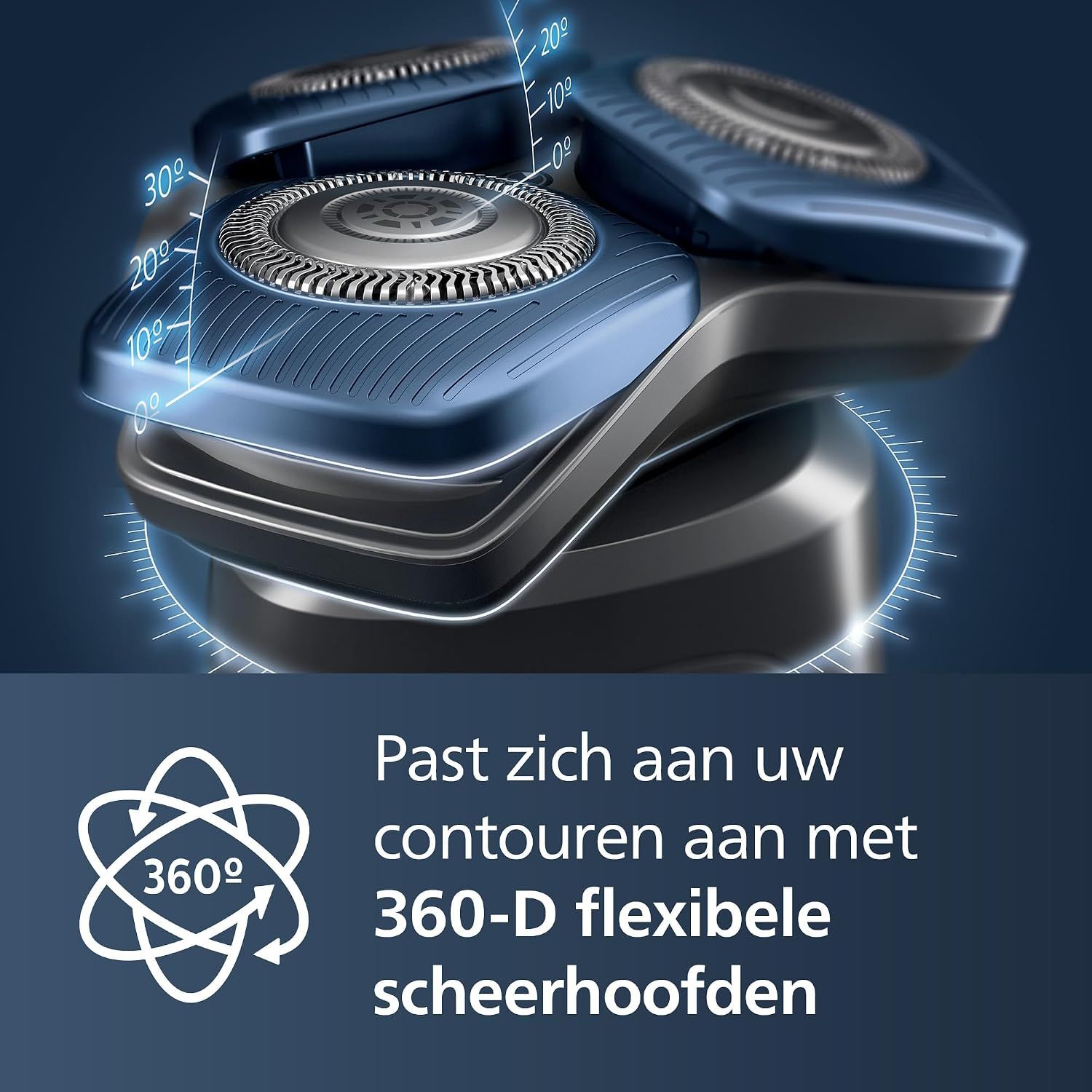Elektrische scheerkop met 360-D flexibele koppen die zich aanpassen aan contouren.