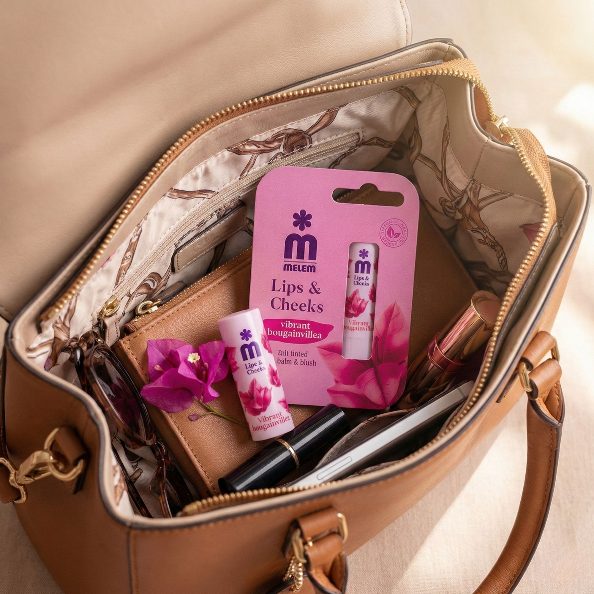 Emballage produit et baume à lèvres dans un sac à main. Autres articles de cosmétiques visibles. Nom du produit: Melem Lips & Cheeks. Emballage avec image du produit.