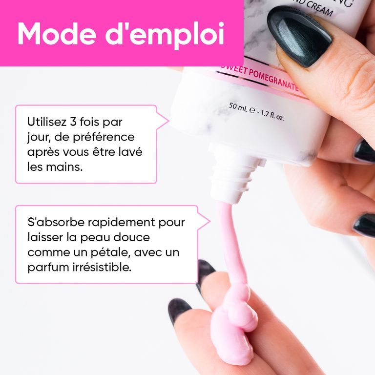 Tube de crème pour les mains à motif marbre, crème appliquée sur un doigt. Instructions en français.