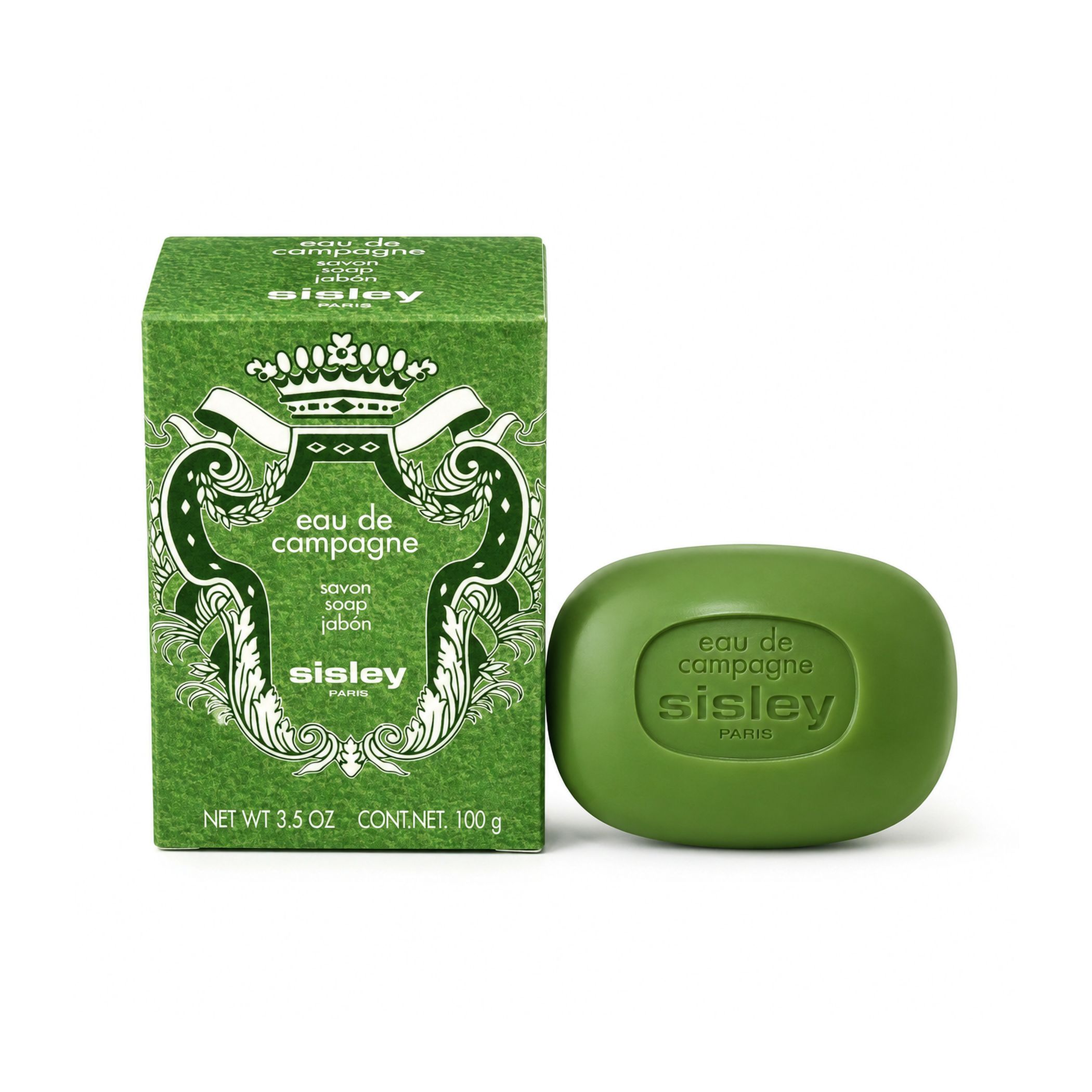 Savon et boîte verts. Savon ovale, vert. Boîte verte, texte : Eau de Campagne, Savon, Soap, Sisley Paris. Bas : 3.5 oz, 100 g.
