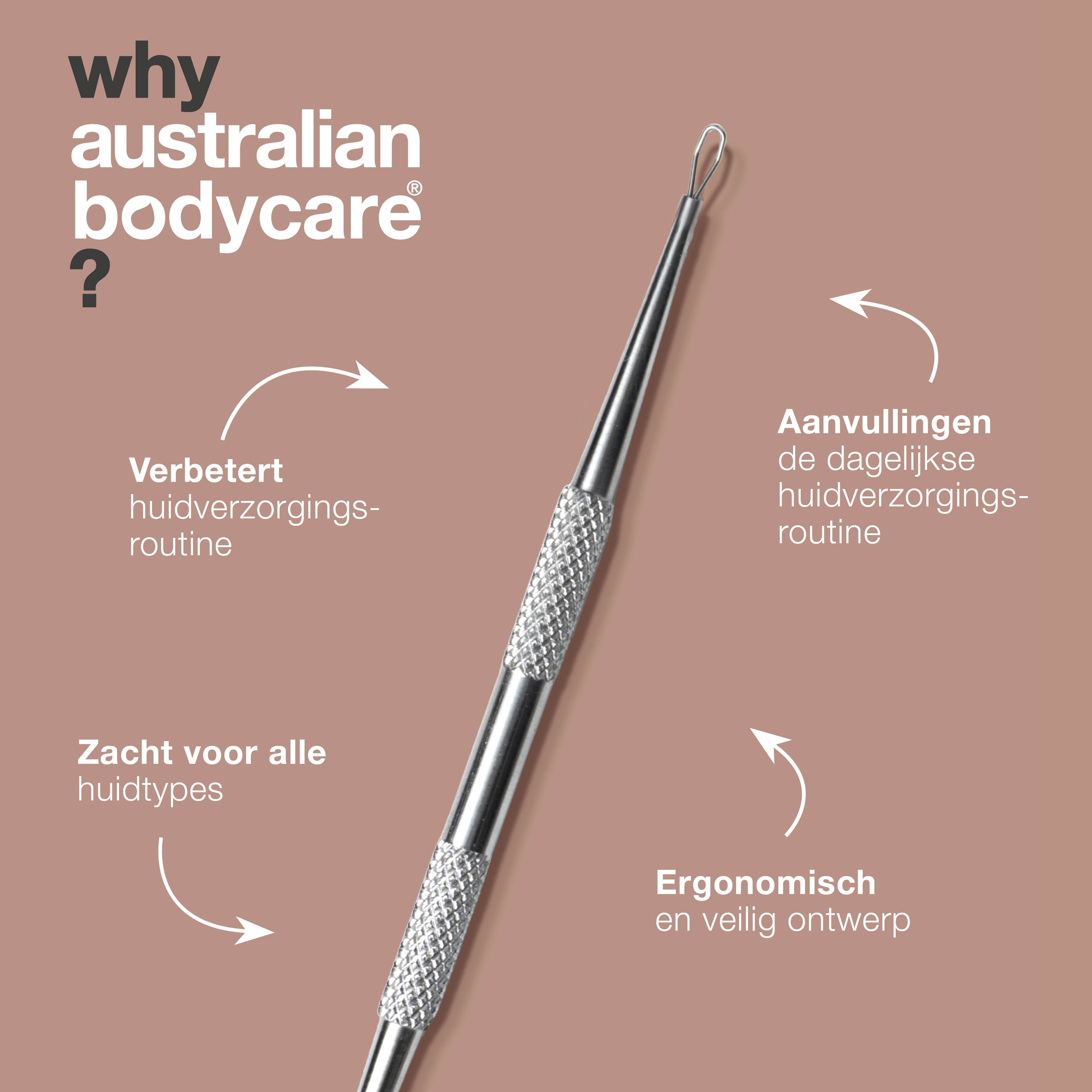 Mee-eterverwijderaar van roestvrij staal. Tekst: ergonomisch ontwerp, verbetert huidverzorging.