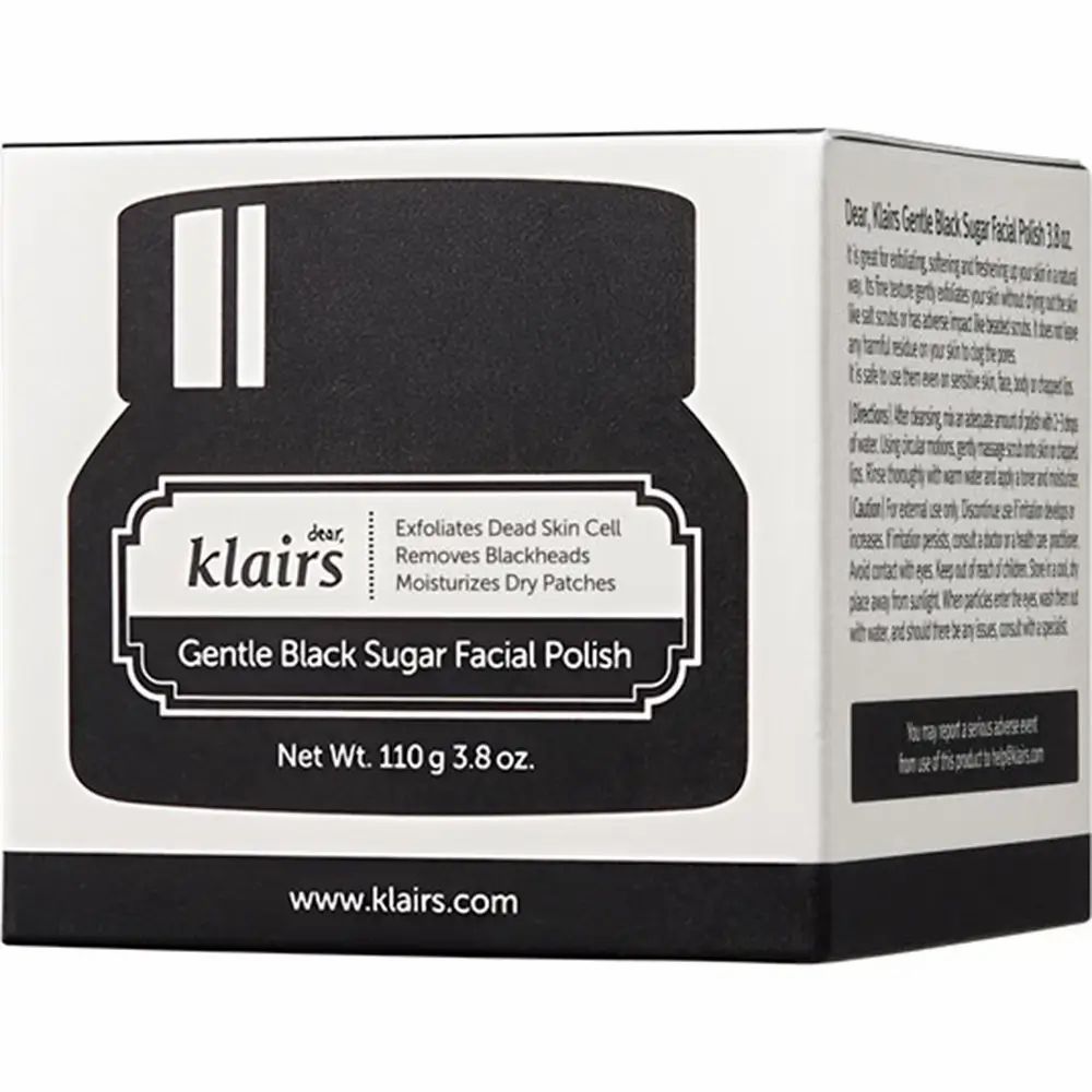 Zwarte verpakking met productafbeelding. Opschrift: Klairs Gentle Black Sugar Facial Polish. Netto 110g.