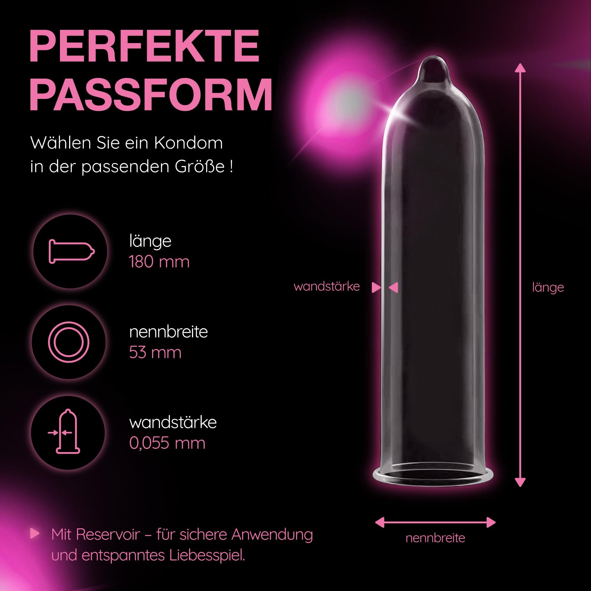 Préservatif Vitalis : longueur 180 mm, largeur nominale 53 mm, épaisseur 0,055 mm. Avec réservoir.