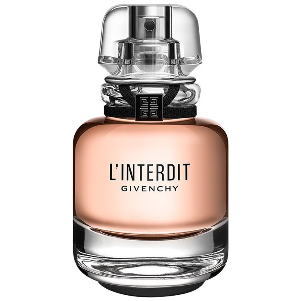 Flacon de parfum Givenchy L'Interdit. Contenu rose, bouchon argenté, ruban noir.