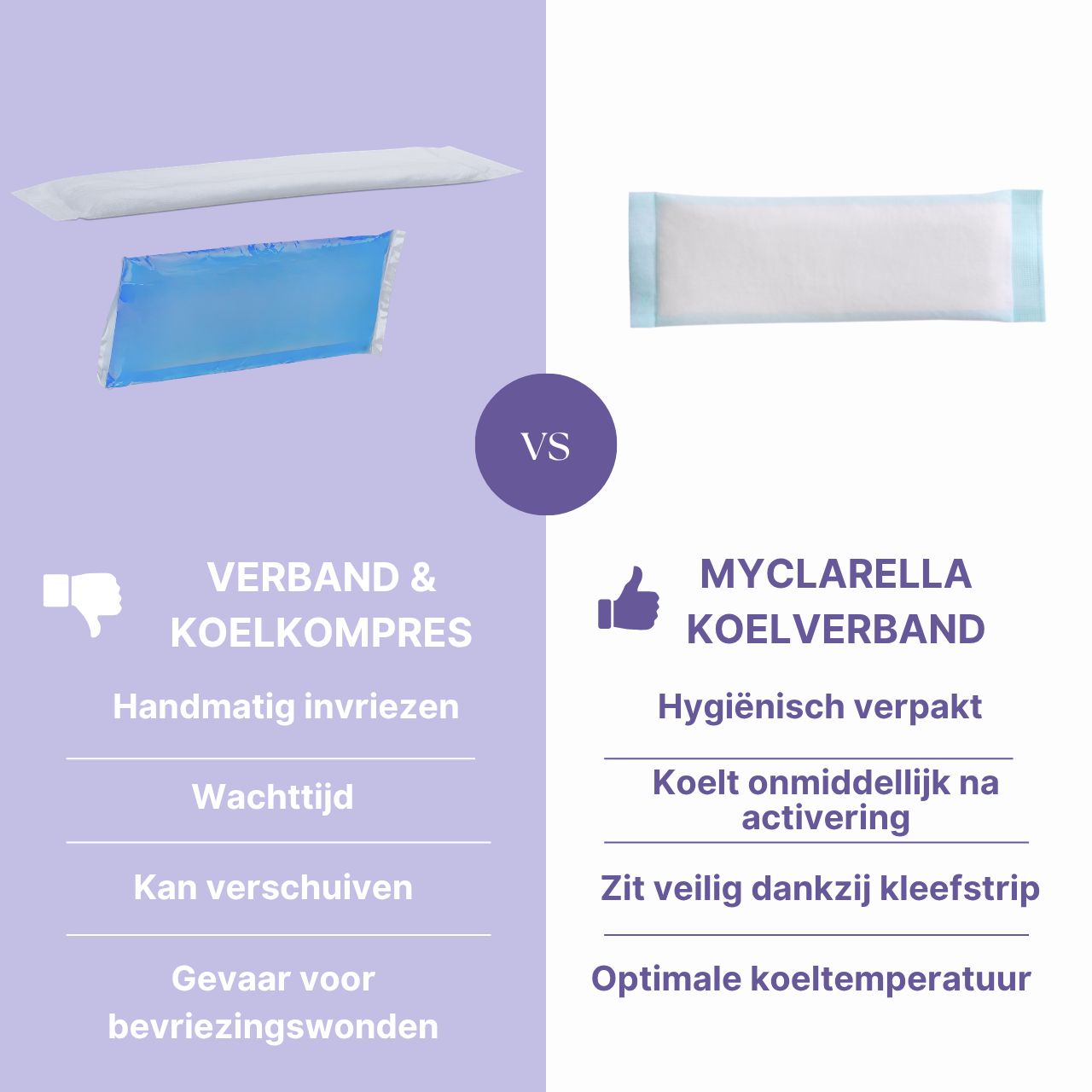 Vergelijking: Verband & koelkompres vs. MyClarella koelverband.