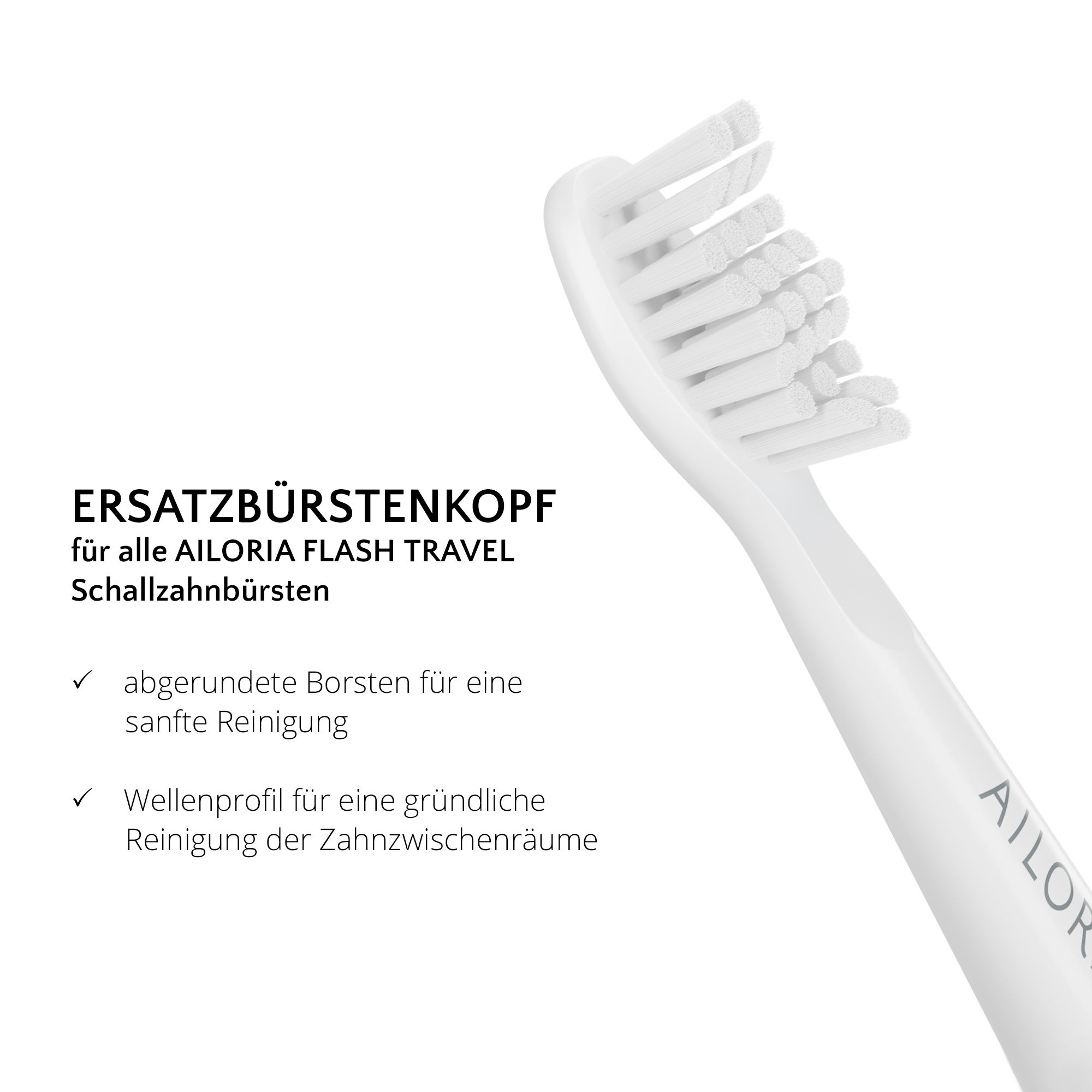Gros plan d'une tête de brosse de remplacement blanche. Texte: TÊTE DE BROSSE DE REMPLACEMENT pour AILORIA FLASH TRAVEL.