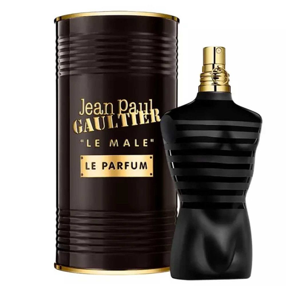 Zwarte torsofles met gouden dop en cilindrische verpakking. Opschrift: Jean Paul Gaultier, Le Male Le Parfum.