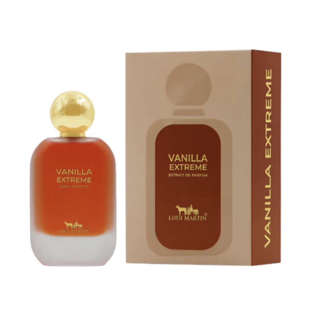 Flacon de parfum et emballage. Flacon avec bouchon doré, liquide brun et base blanche. Emballage avec nom du produit.