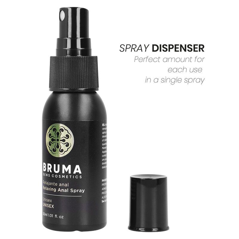 Zwarte fles Bruma Anal Relaxing Spray met verwijderde sproeikop.