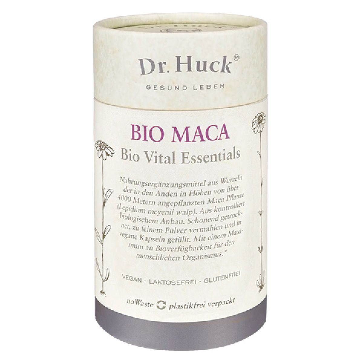 Boîte cylindrique avec inscription BIO MACA et logo Dr. Huck. Vegan, sans lactose, sans gluten. Illustration de plante.