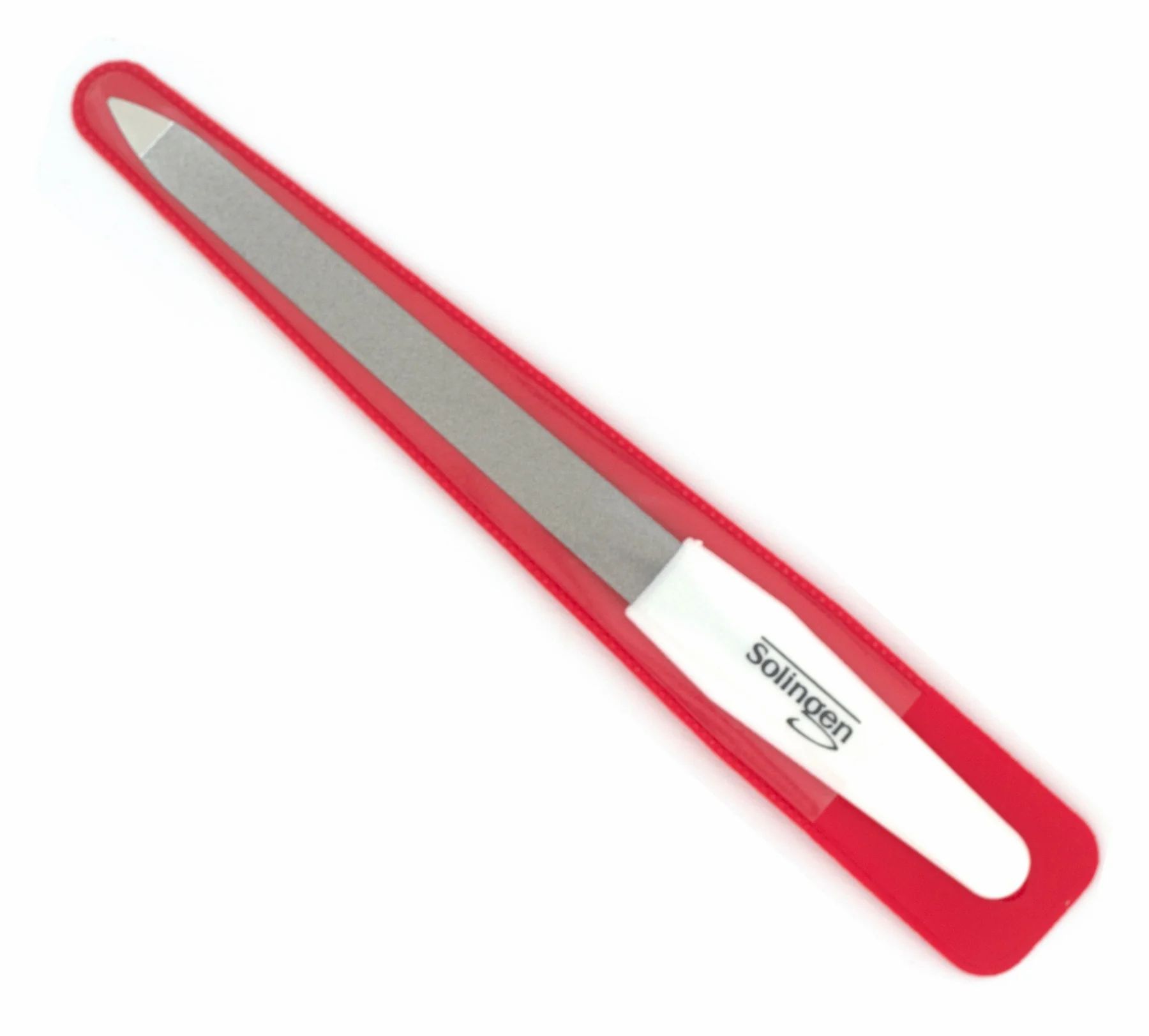 Lime à ongles dans étui rouge. Manche blanc, surface grise. Inscription 'Solingen Germany'.