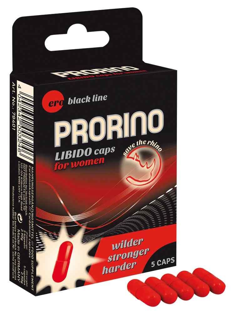 Boîte noire avec texte rouge: PRORINO LIBIDO caps for women. 5 gélules rouges. Logo: Rhino. Texte: Plus sauvage, plus fort, plus dur.