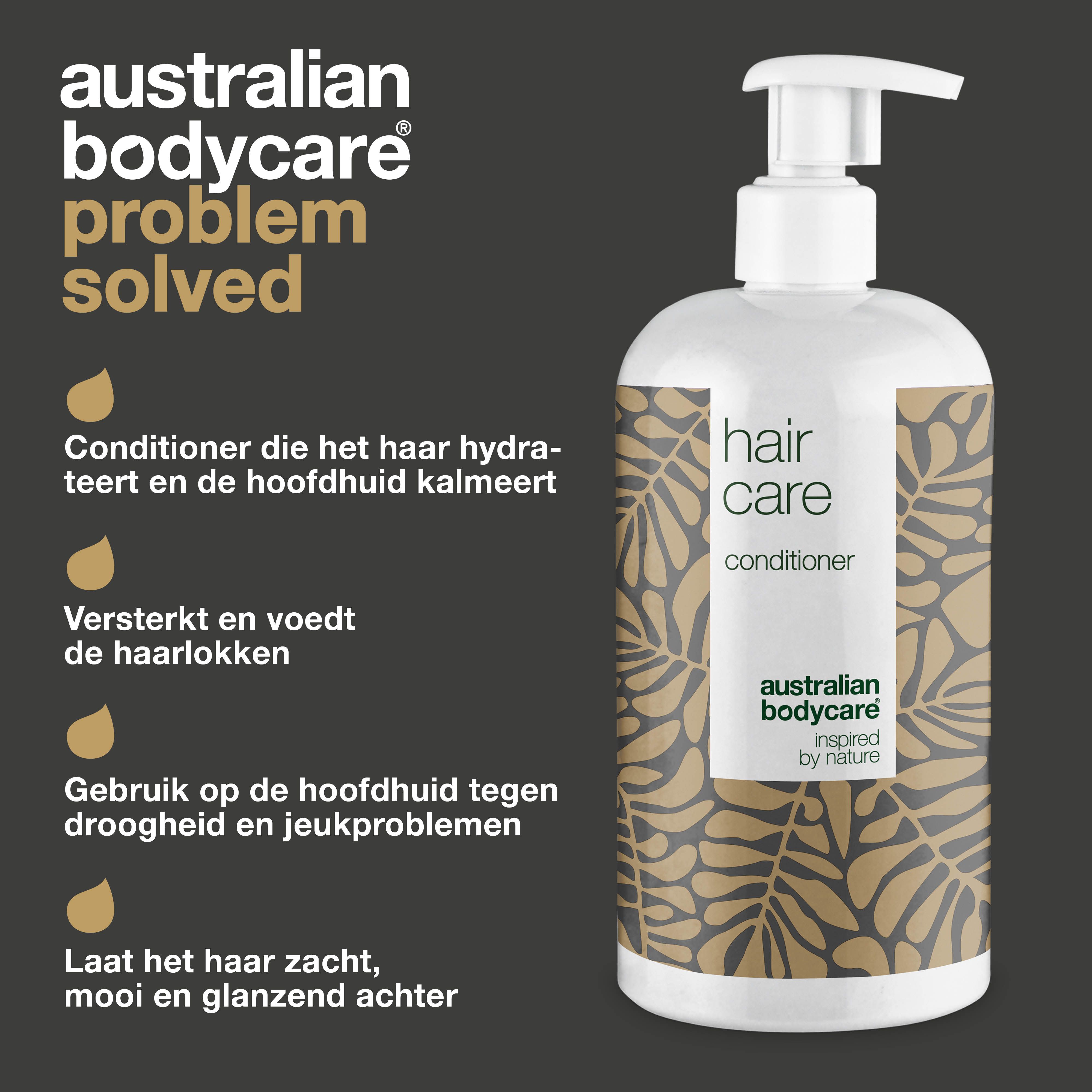 Fles conditioner met opschrift: Hair Care, Australian Bodycare. Tekst: conditioner die de hoofdhuid kalmeert, versterkt, voedt en het haar zacht maakt.