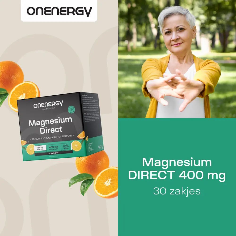 Magnesium DIRECT 400 mg, 30 zakjes. Doos met product en sinaasappels. Vrouw in park.