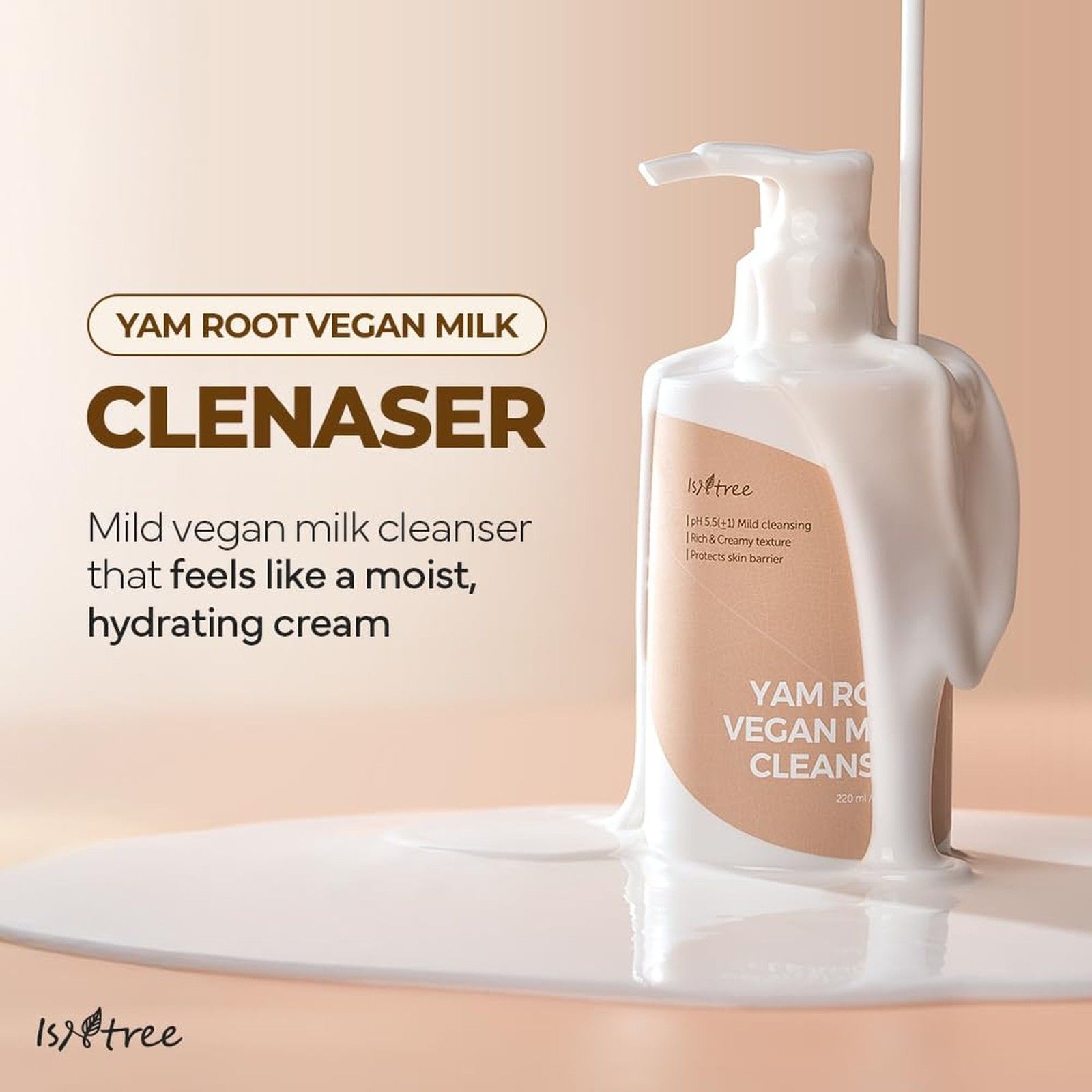 Flacon de nettoyant au lait végétalien à la racine d'igname avec du lait qui déborde, doux et hydratant.