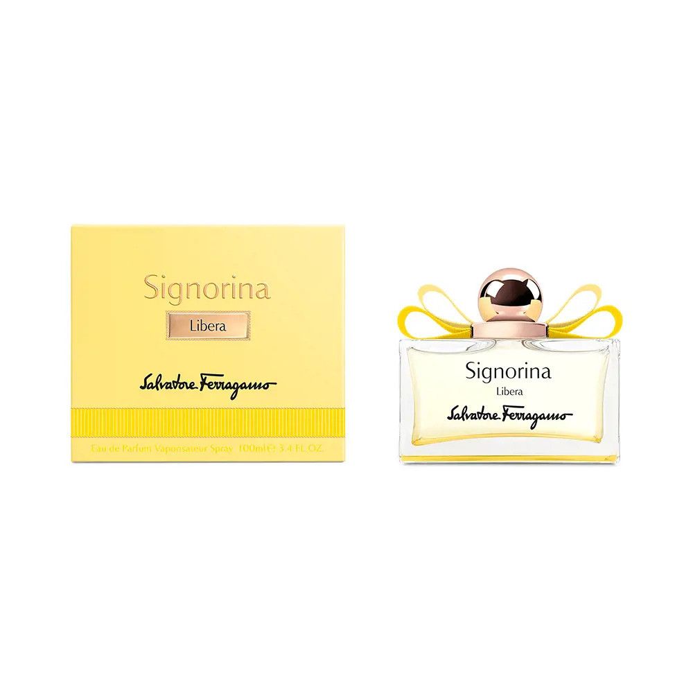 Flacon et emballage de Salvatore Ferragamo Signorina Libera. Emballage jaune, flacon rectangulaire avec nœud jaune.