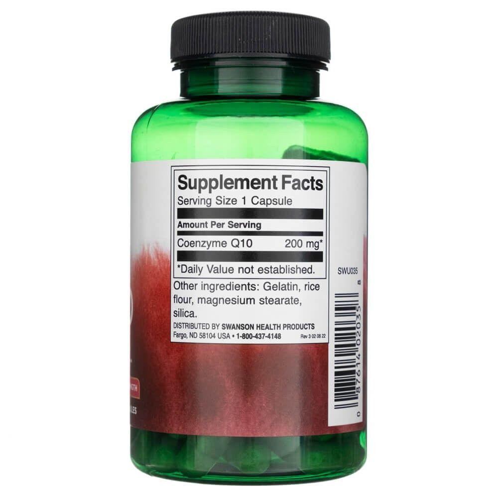 Achterkant van een groene fles met Supplement Facts etiket waarop Coenzym Q10 200 mg staat.