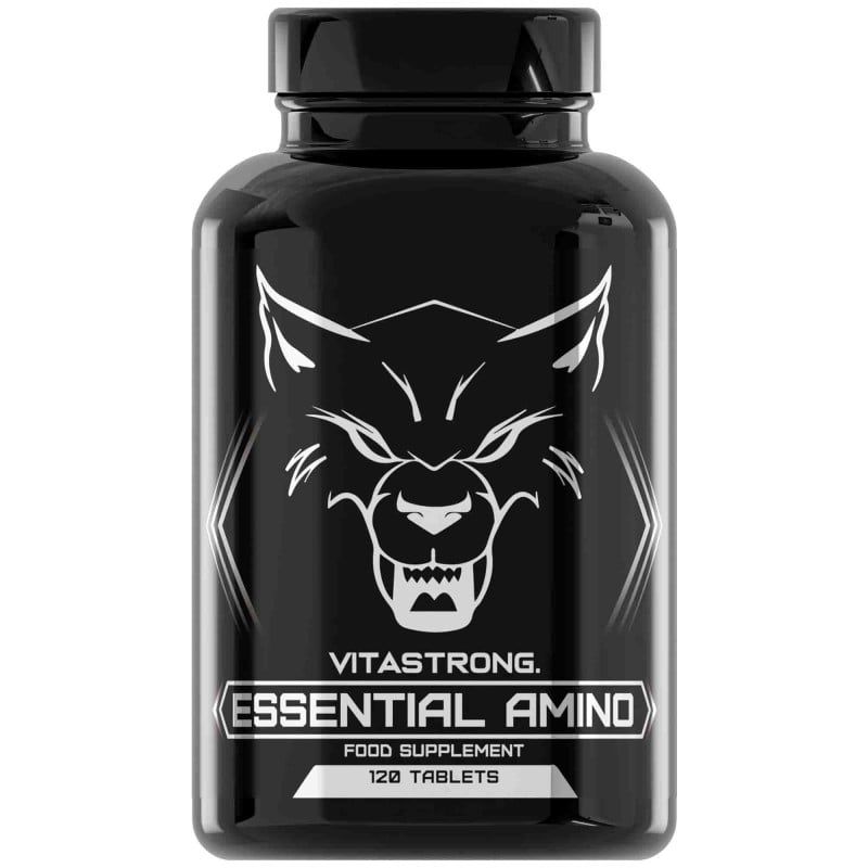 Zwarte fles Vitastrong Essential Amino. 120 tabletten. Wolf-logo. Voedingssupplement.