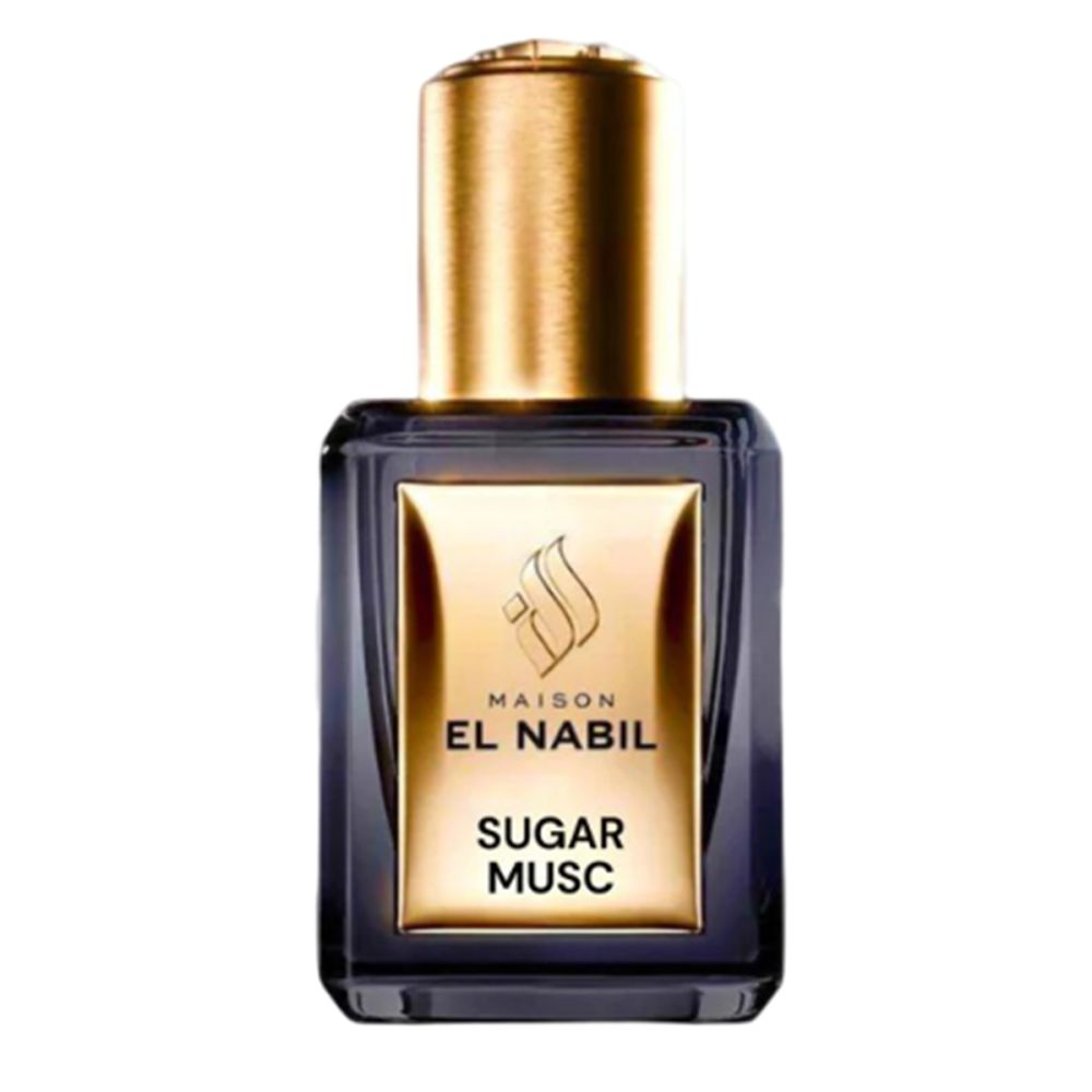 Donkerblauwe glazen fles met gouden dop. Label: Maison El Nabil, Sugar Musc. Gouden logo.