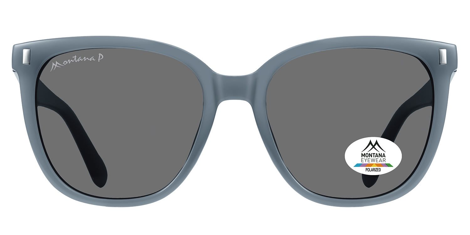 Lunettes de soleil bleues avec verres foncés. Logo Montana Eyewear sur la branche et le verre. Autocollant polarisé.