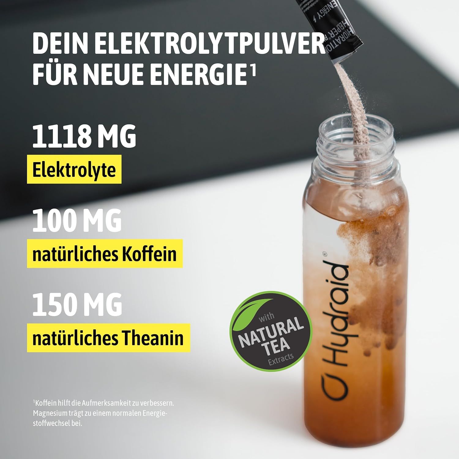 Poudre d'électrolytes Hydraid versée dans une bouteille. Contient 1118 mg d'électrolytes, 100 mg de caféine, 150 mg de théanine.
