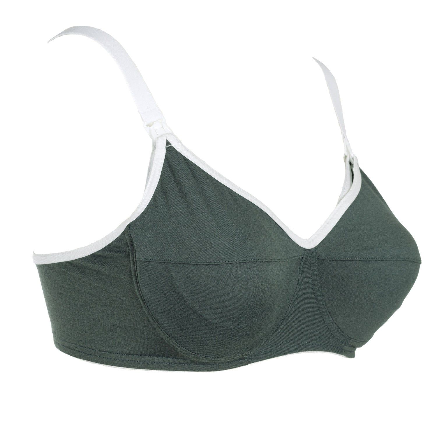 Varengroene voedingsbeha met witte rand en bandjes. Cup C. Zijaanzicht.