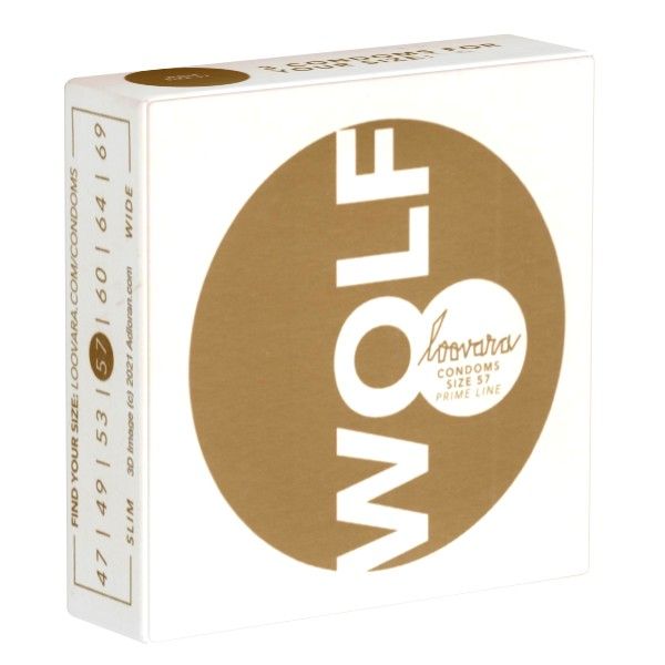 Préservatif Loovara taille 57 'Wolf'. Emballage avec indication de taille et site web.