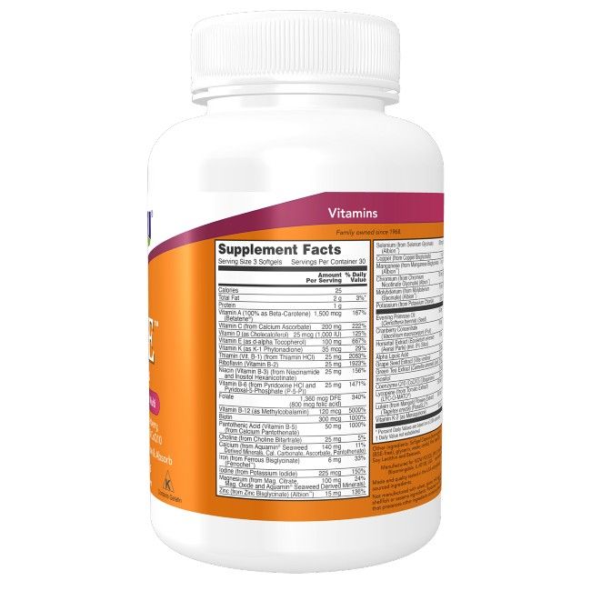 Flacon blanc Now Foods Eve, 180 gélules. Étiquette orange avec informations nutritionnelles et ingrédients.