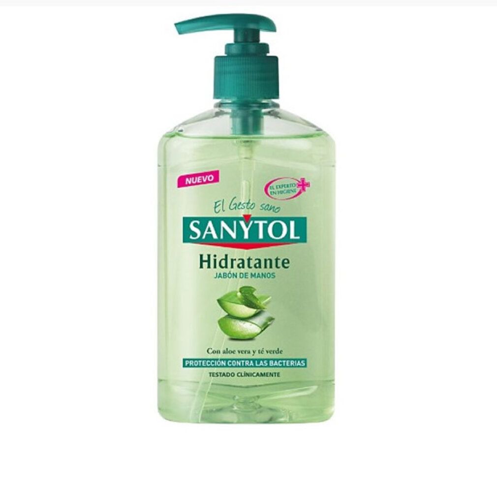 Sanytol Savon hydratant pour les mains, à l'aloe vera et thé vert. Flacon transparent avec pompe.
