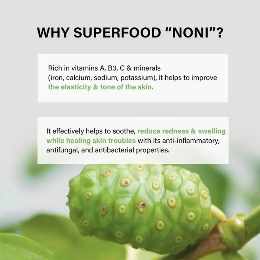 Tekst met de titel: Waarom superfood „Noni“? Tekst over voordelen voor de huid. Afbeelding van een noni-vrucht.