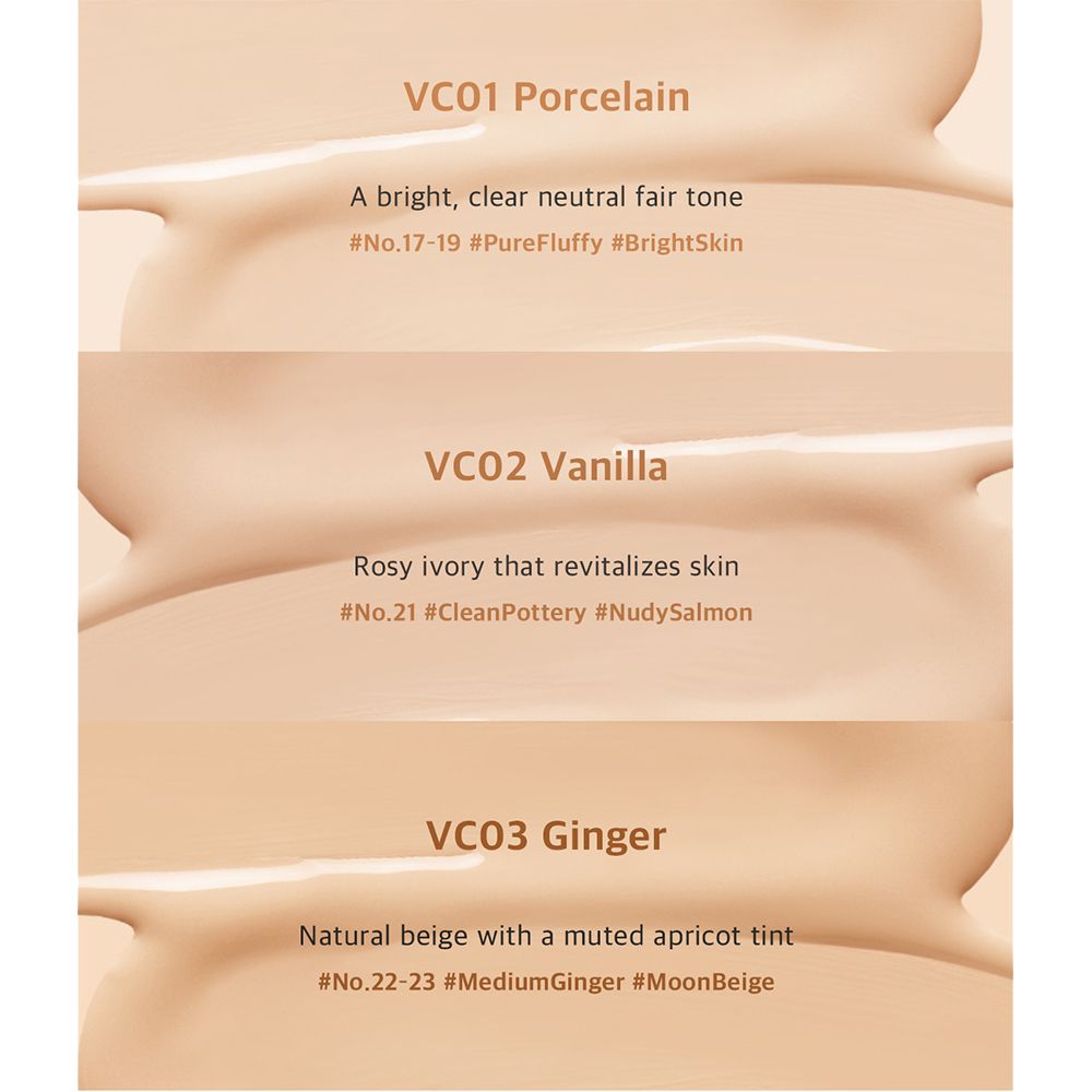 Trois teintes de BLACK ROUGE Thin Layer Velour Cushion Foundation. VC03 GINGER en bas avec description.