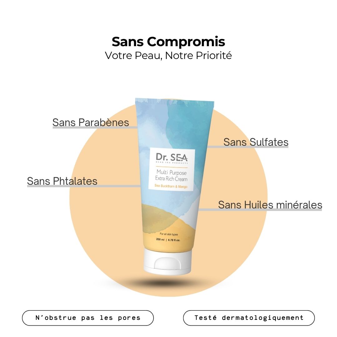 Tube DR. SEA Multi Purpose Extra Rich Cream, Mango. Texte: Sans parabènes, sulfates, phtalates, huiles minérales. Testé dermatologiquement.
