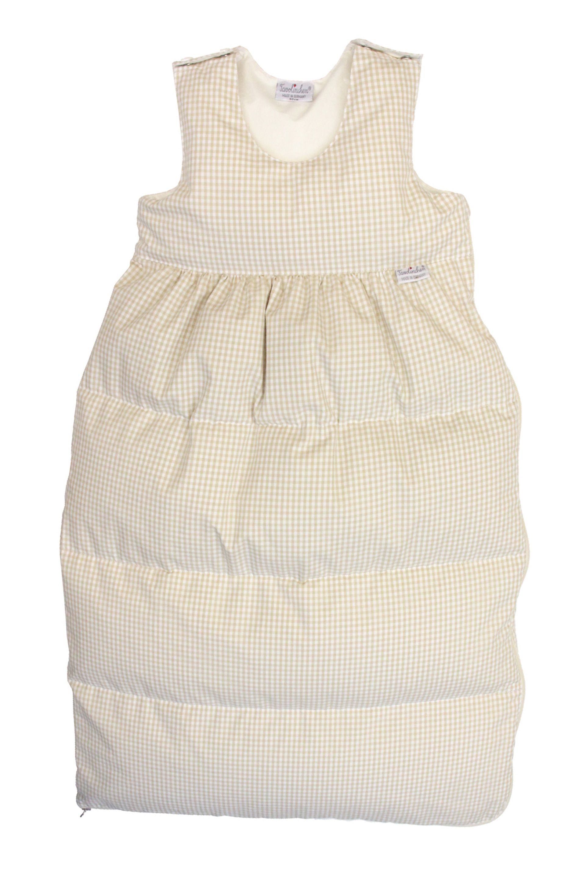 Gigoteuse beige à carreaux. Coutures matelassées et logo de la marque. Sans manches, avec fermeture éclair en bas.