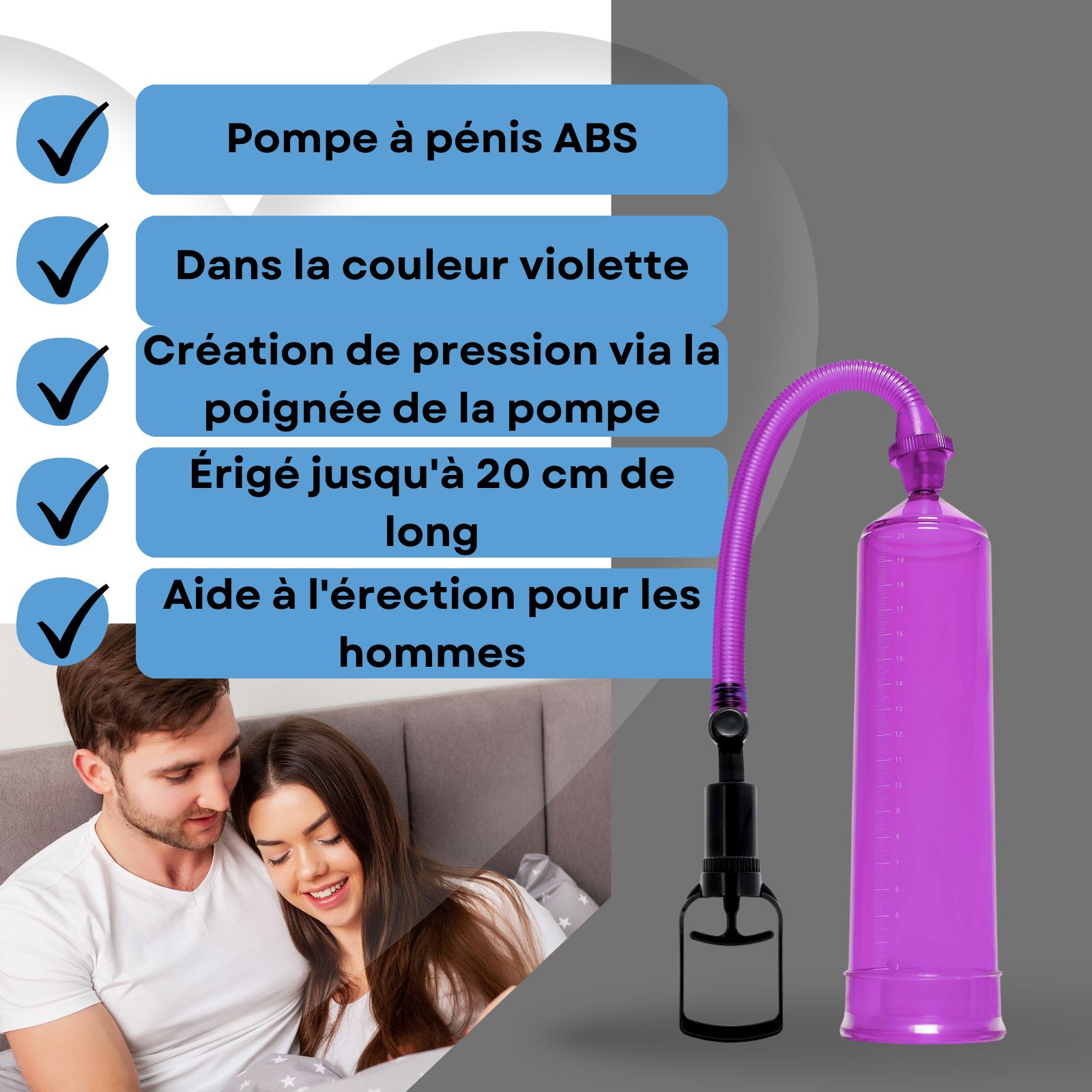Pompe à pénis violette, avec poignée et tuyau. Cylindre gradué. Poignée noire. Couple au lit.