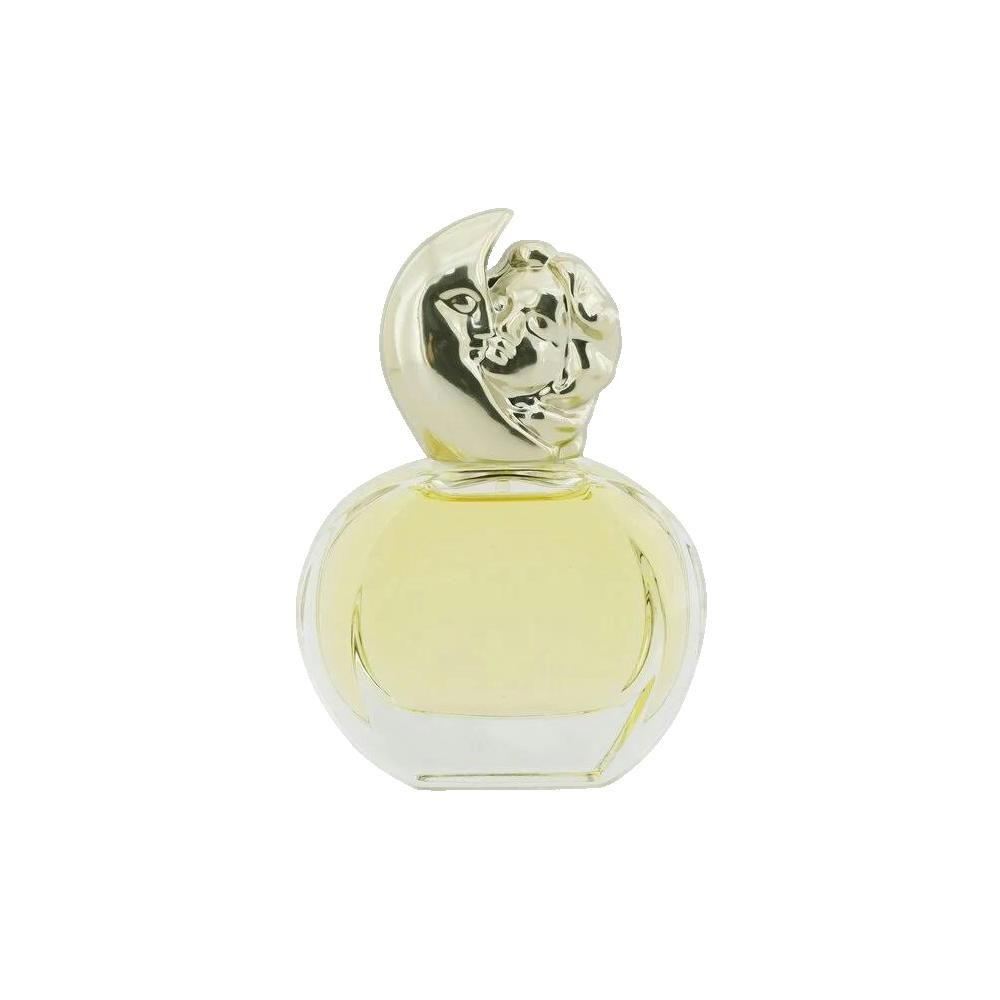 Flacon rond en verre avec bouchon argenté en forme de lune et visage féminin.