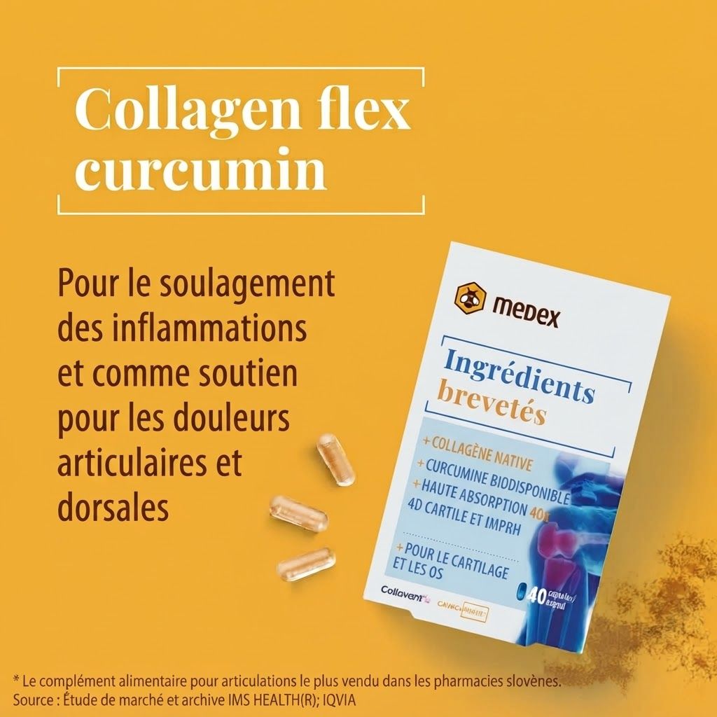 Pack Medex Collagen flex Curcumin avec texte 'Résultats cliniquement prouvés' et capsules.