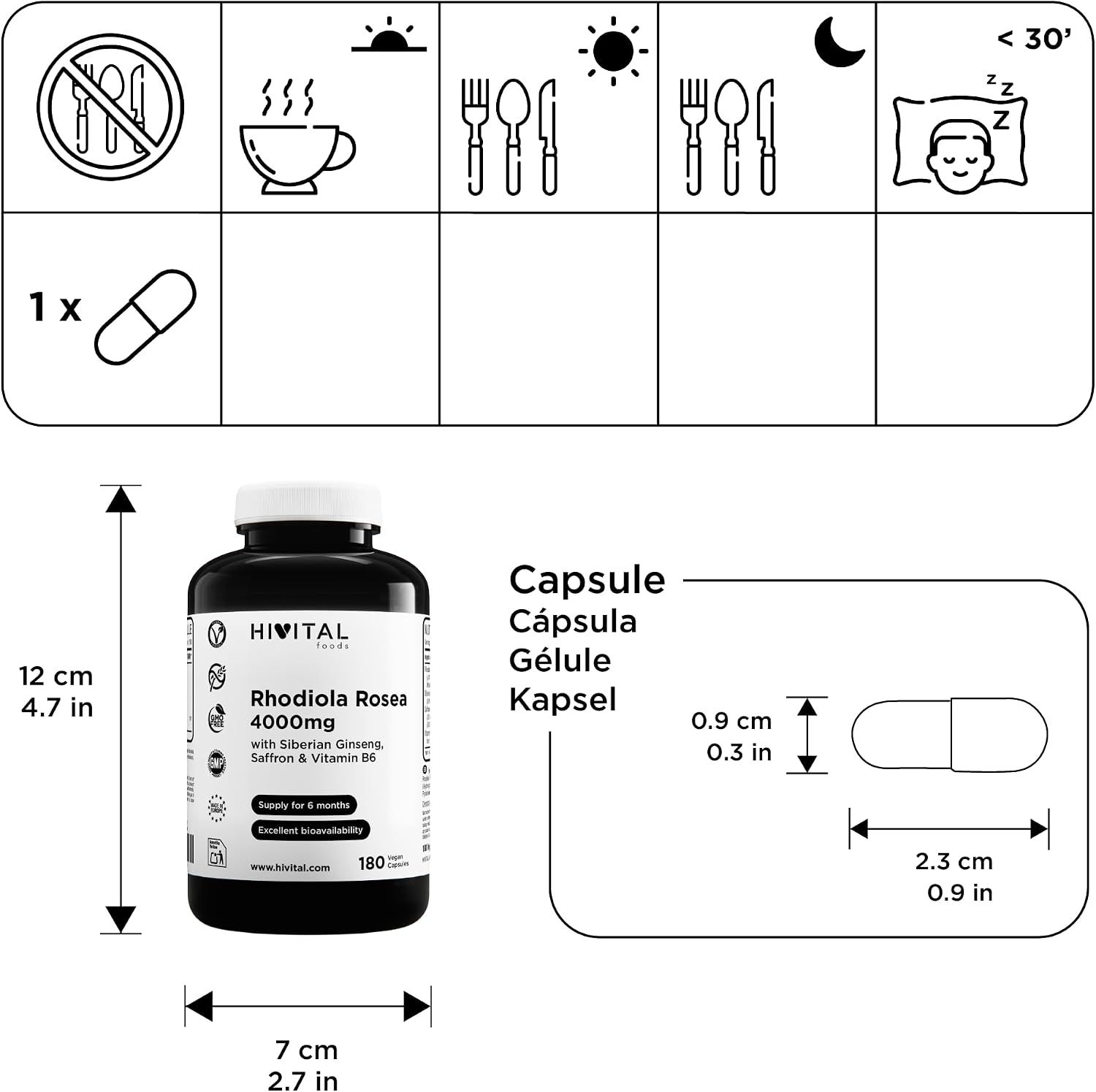 Donker flesje met Rhodiola Rosea 4000mg, 180 capsules. Afmetingen capsule: 2,3 x 0,9 cm. Afmetingen fles: 12 x 7 cm.