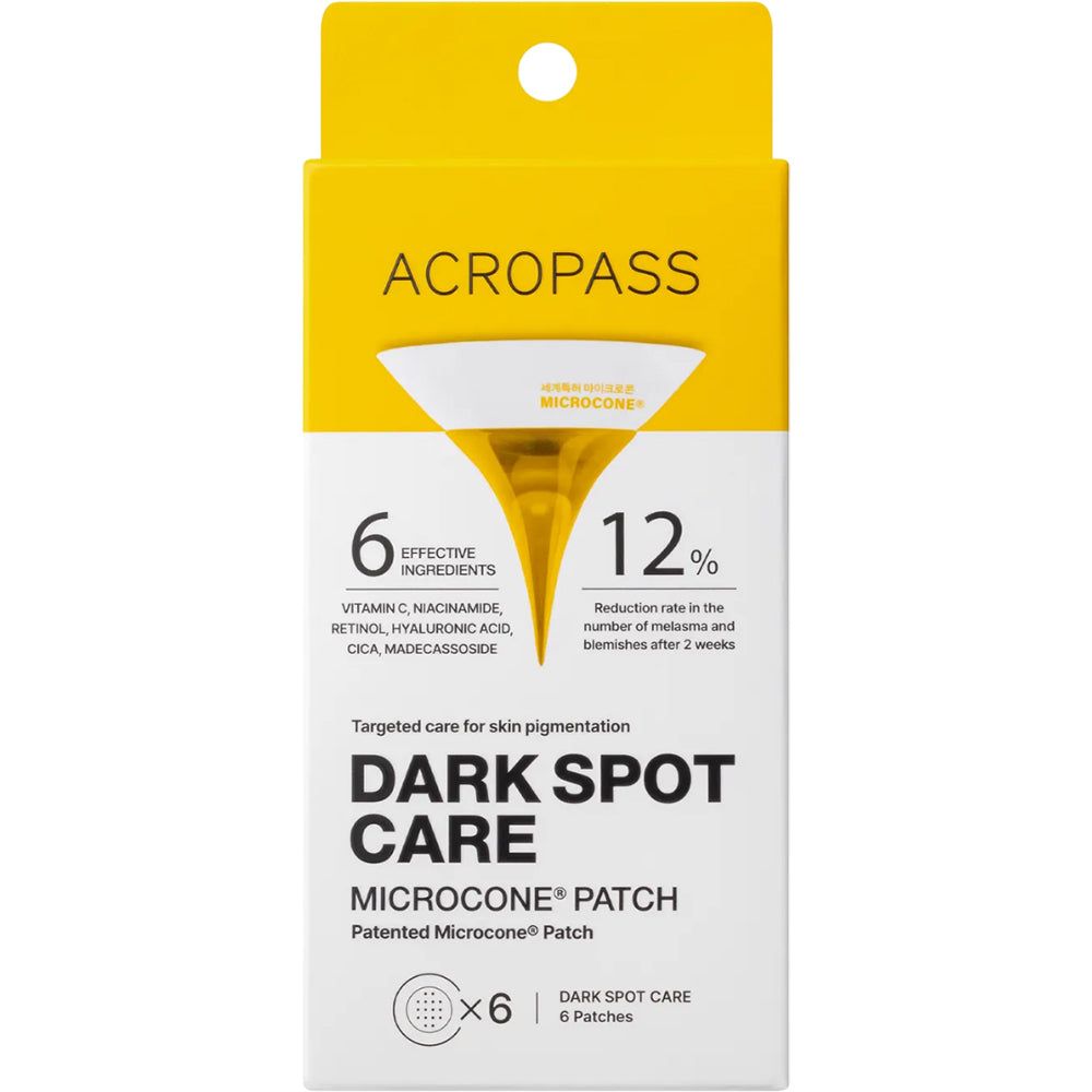 Emballage ACROPASS Dark Spot Care. Contient 6 patchs. Design jaune et blanc.
