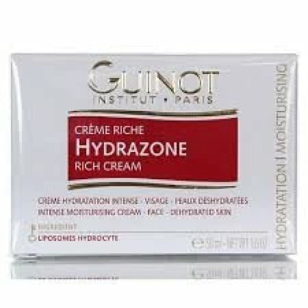 Witte doos met rode streep. Opschrift: GUINOT, HYDRAZONE, RICH CREAM. Tekst in Frans en Engels.
