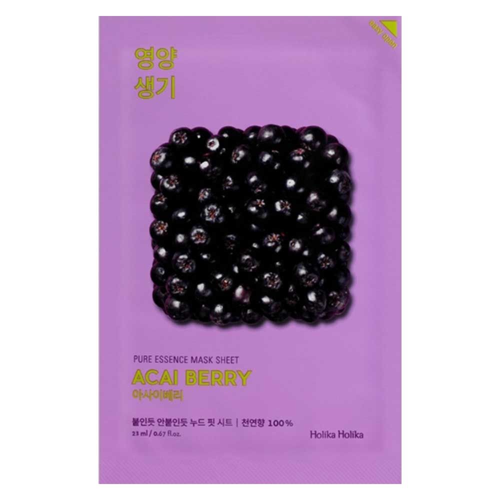 Verpakking gezichtsmasker met acaibessen. Tekst: ACAI BERRY, Holika Holika. Paarse achtergrond.
