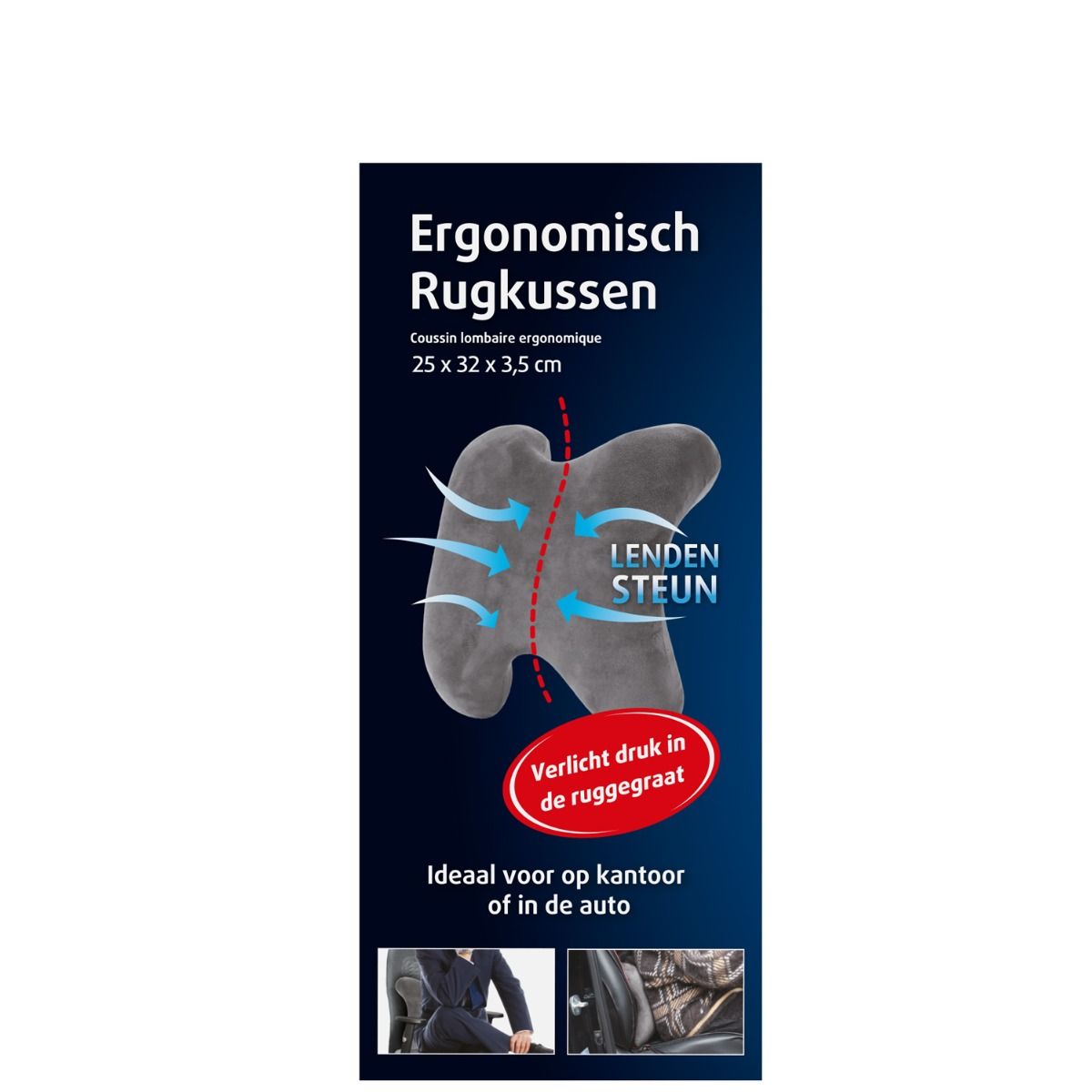 Grijs ergonomisch rugkussen met rode lijn en pijlen. Tekst: 'Lenden Steun'. Ideaal voor kantoor of auto.
