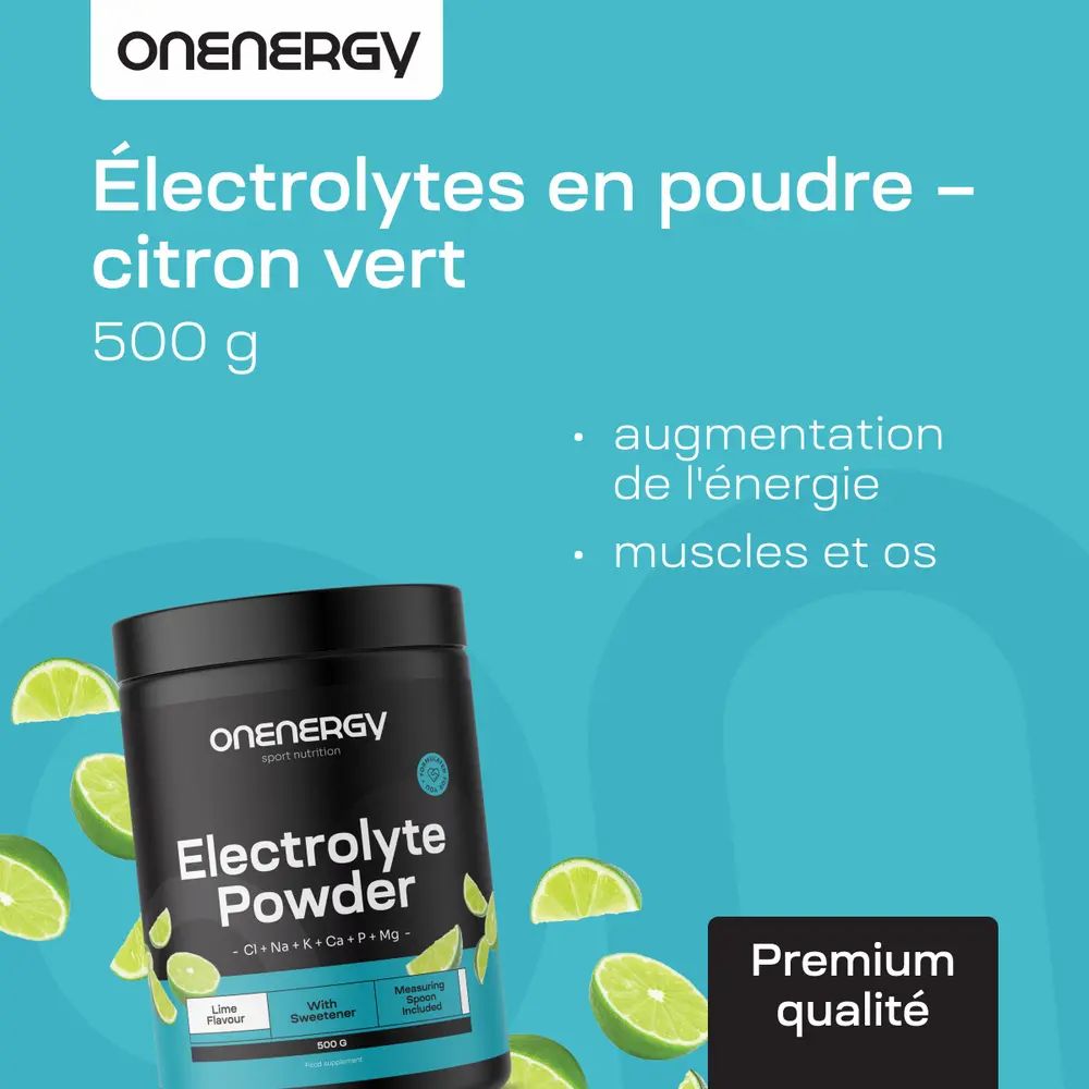 Femme avec écouteurs et bouteille d'eau. Boîte "ONENERGY Electrolyte Powder". Texte: Électrolytes en poudre – citron vert. 500 g.