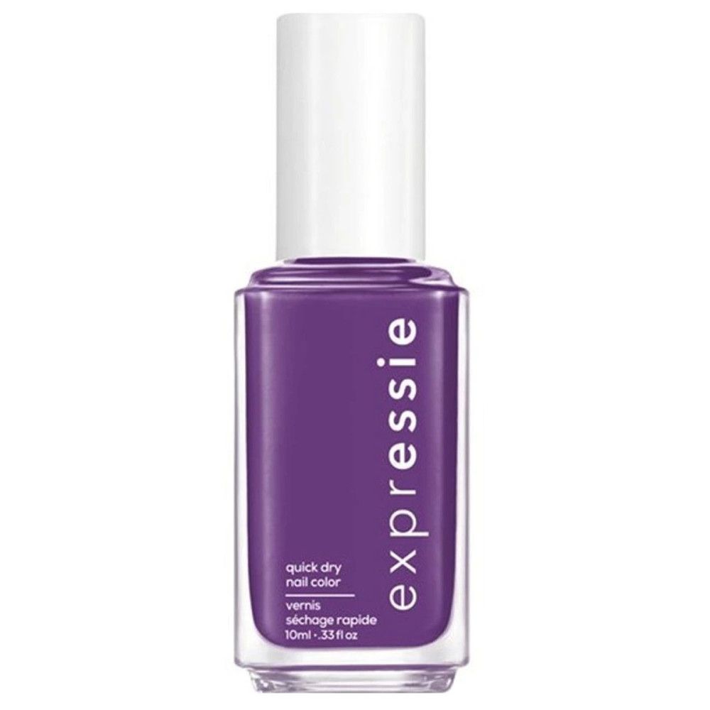 Flacon de vernis à ongles violet avec bouchon blanc. Inscription 'expressie', 'quick dry nail color' et 'séchage rapide'.