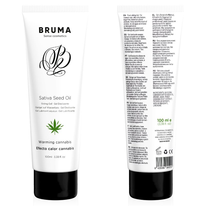 Voor- en achterkant van een Bruma Sativa Seed Oil glijmiddel tube. Bevat ingrediëntenlijst en barcode.