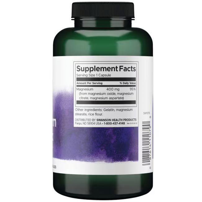 Dos du flacon vert. Contient des informations nutritionnelles. Magnésium 400 mg. Autres ingrédients: gélatine, farine de riz. Distribué par SWANSON.