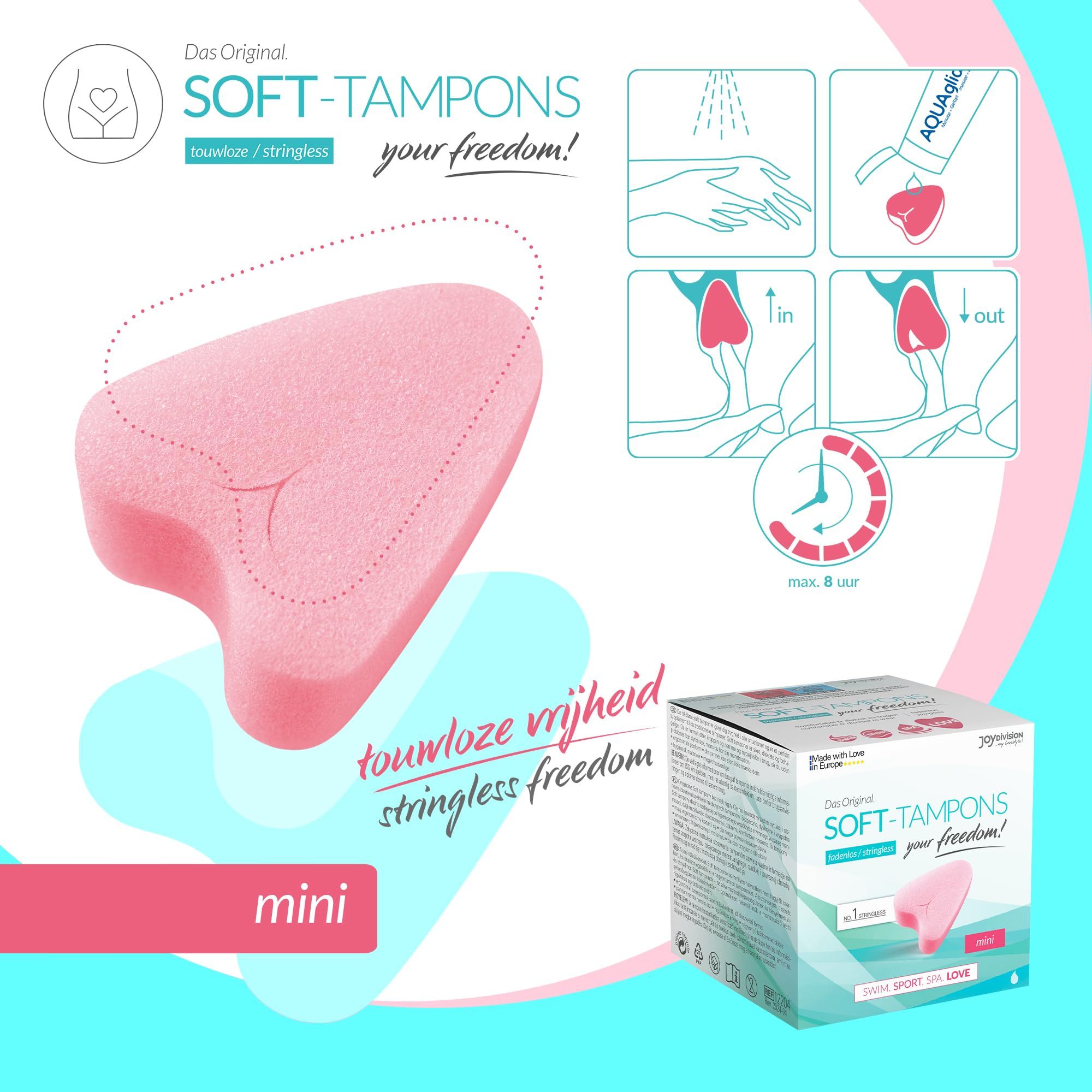 Verpakking Soft-Tampons mini met productafbeelding en tekst.