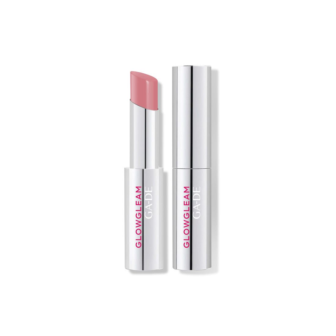 Lichtroze lipstick. Zilverkleurige huls met opschriften GLOWGLEAM en GA-DE. Eén lipstick is geopend.